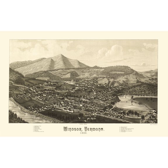 Historic Panoramic View - Windsor Vermont - Burleigh 1886 - 23 x 36.41 - Vintage Wall Art