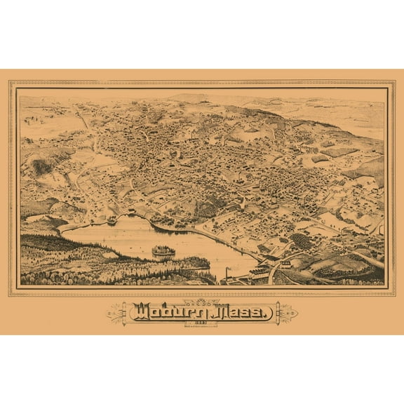 Historic Panoramic View - Woburn Massachusetts - 1883 - 34.89 x 23 - Vintage Wall Art