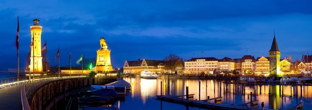 Historic Port at night Lindau Lake Constance Swabia Bavaria Germany Canvas Art - Panoramic Images (13 x 36)
