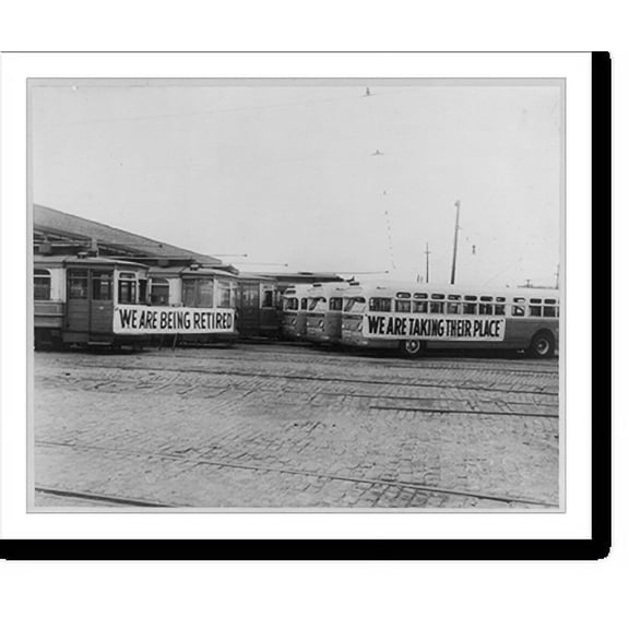 Historic Print, [3 streetcars with sign we are being retired" facing 3 modern streamline buses with sign "we are taking their place"]", 18" x 24"