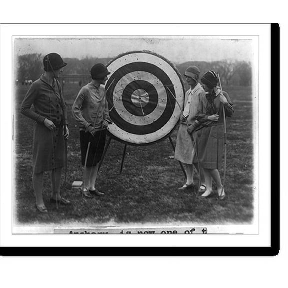 Historic Print, 4 girls of Marjorie Webster school examining archery target - Louise Walraven, Imogene Koonce, Helyn Braskie and Helen Ackerman, 18" x 24"