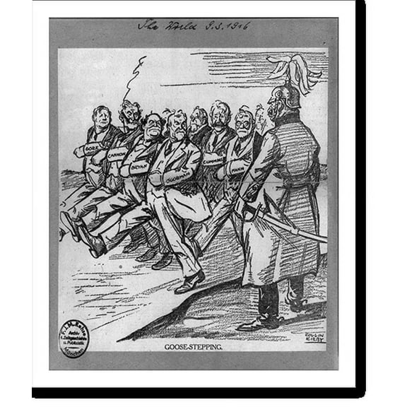 Historic Print, [6 political cartoons from U.S. newspapers, all anti-pacifist and anti-German in relation to U.S. foreign policy; 1916: U.S. pacifists Goose-stepping" past Kaiser]", 16" x 20"