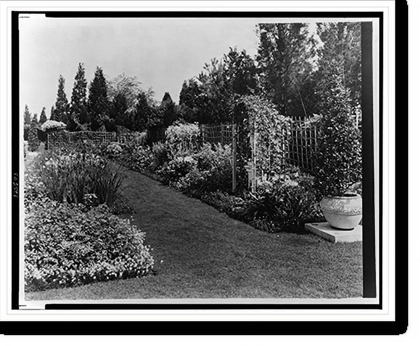 Historic Print, [A.C. James home, Suprise Valley", view of flowers and