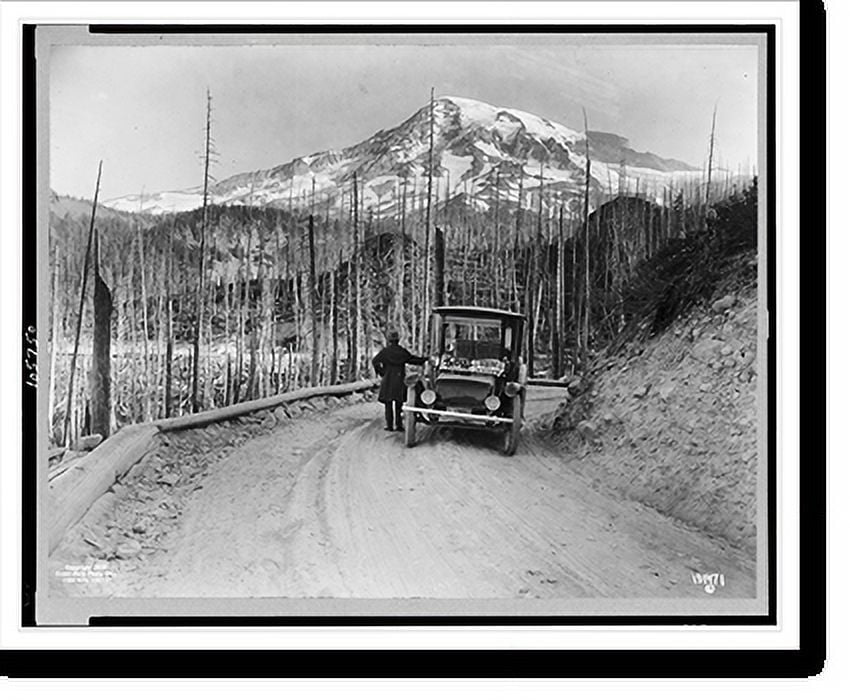 Historic Print, [A Detroit Electric automobile stopped on road by burnt