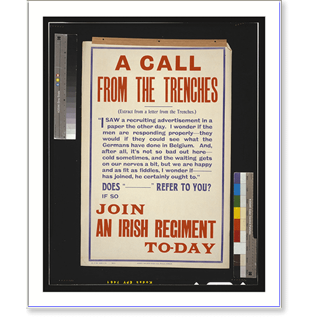 Historic Print, A call from the trenches. Join an Irish regiment today