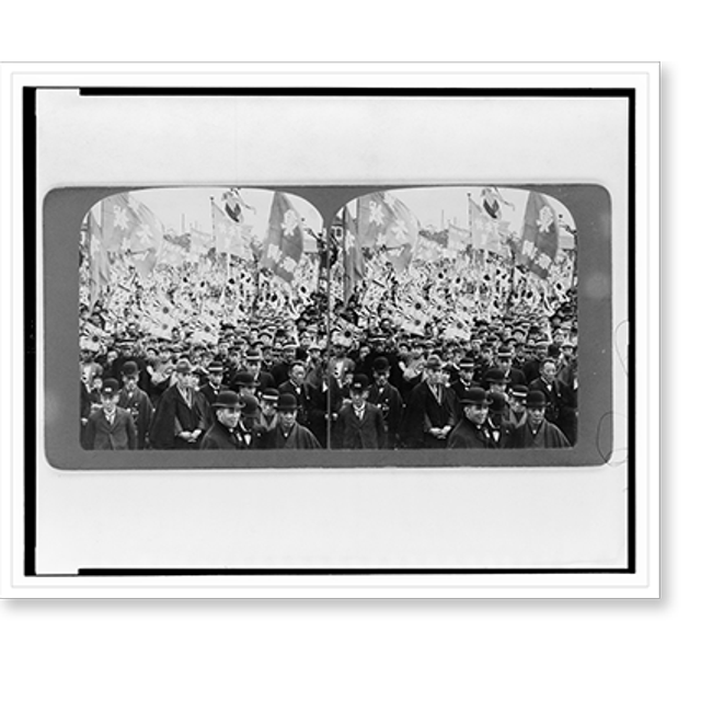 Historic Print, [A large crowd, mostly of men, carrying flags and