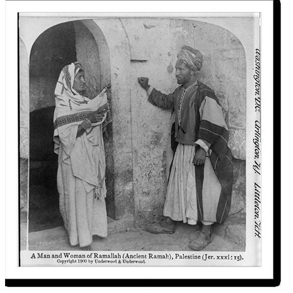 Historic Print, A man and woman of Ramallah (ancient Ramah), Palestine, 18" x 24"
