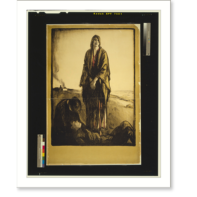 Historic Print, [A woman stands disconsolate, as another bends over a