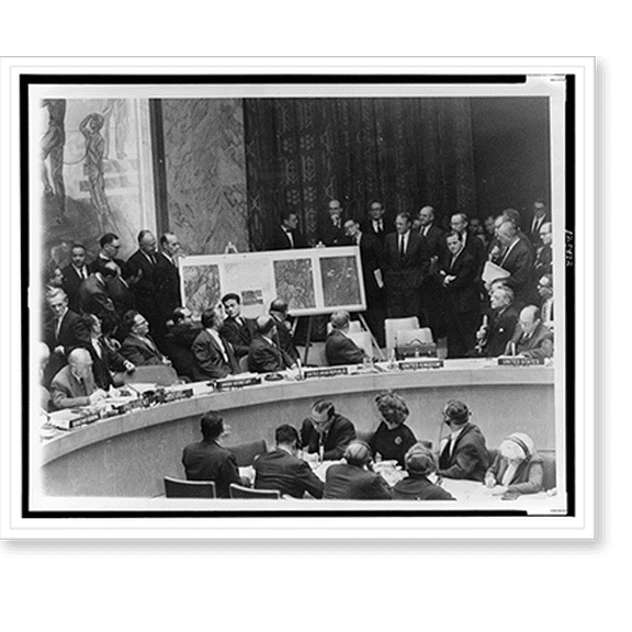 Historic Print, [Adlai Stevenson describes location of missile sites in Cuba using aerial photographs during a United Nations Security Council meeting in New York], 18" x 24"
