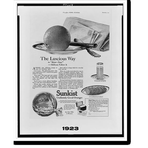 Historic Print, [Advertisement for Sunkist oranges, showing oranges and glass of orange juice], 16" x 20"