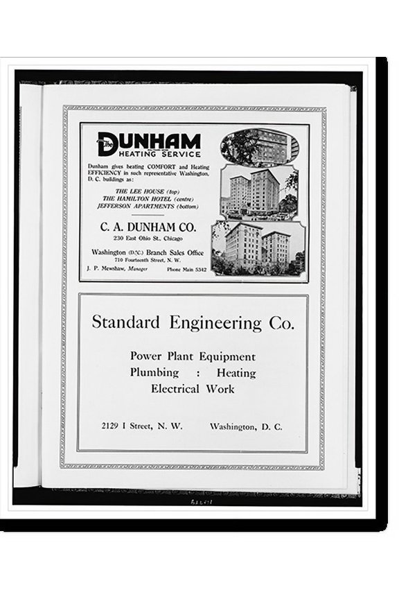 Historic Print, [Advertisements for C.A. Dunham Co., heating service, and Standard Engineering Co., plumbing, heating, and electrical systems], 18" x 24"