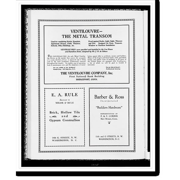 Historic Print, [Advertisements for The Ventilouvre Company, Inc., E. A. Rule, construction, and Barber & Ross, builders hardware], 16" x 20"