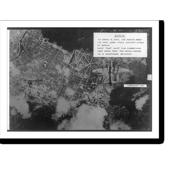 Historic Print, [Aerial photo of strategic bombing by 8th USAF, World War II: Templehof [i.e., Tempelhof?] AFB, Berlin, March 4, 1944 - first large-scale daylight attack on Berlin], 18" x 24"