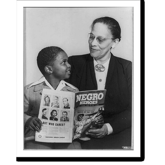Historic Print, [African American boy and woman holding Negro Heroes magazine with Jackie Robinson on cover], 18" x 24"