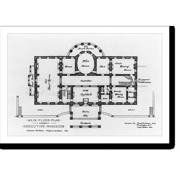 Historic Print, [Alterations to the Executive Mansion, for Mrs. Benjamin Harrison, Pennsylvania Avenue, N.W., Washington, D.C. Main floor plan, measured drawing].drawn by Fred D. Owen, …16" x 20"
