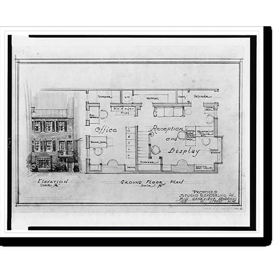 Historic Print, [Alterations to a studio for Genevieve Hendricks, 1747 K Street, N.W., Washington, D.C. Ground floor plan, Front elevation], 18" x 24"