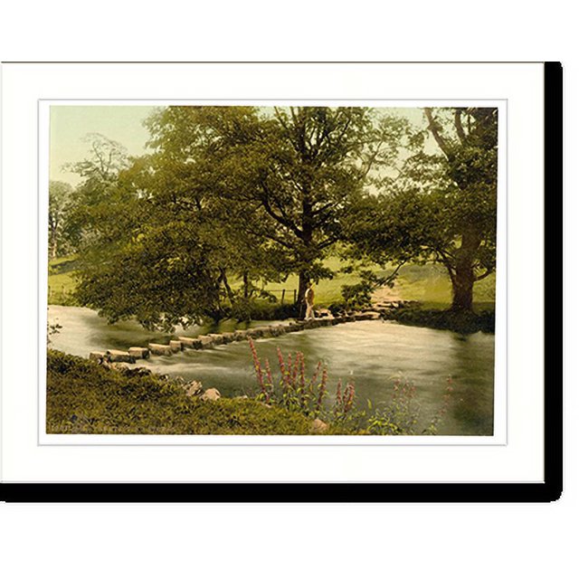 Historic Print, Ambleside stepping stones Lake District England, 16" x