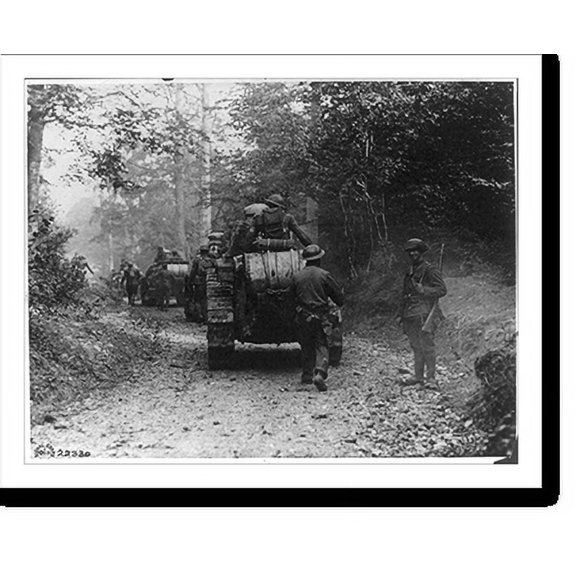 Historic Print, American armored column moving along wooded road. France? WWI, 16" x 20"
