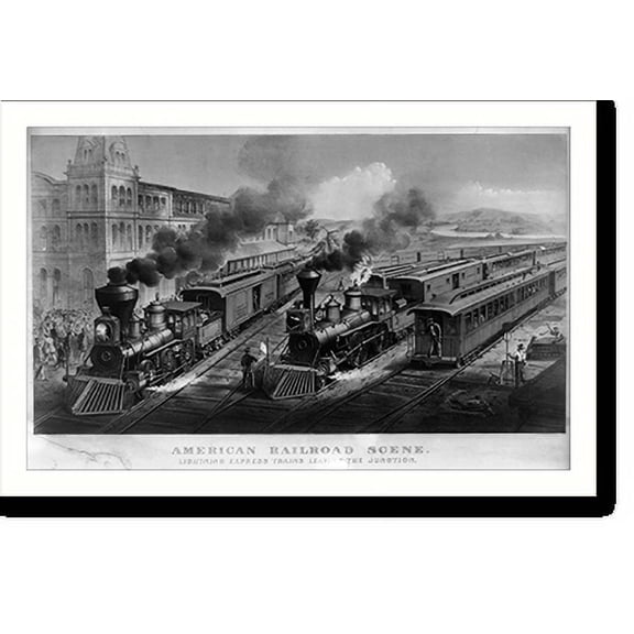 Historic Print, American railroad scene: lightning express trains leaving the junction, 16" x 20"