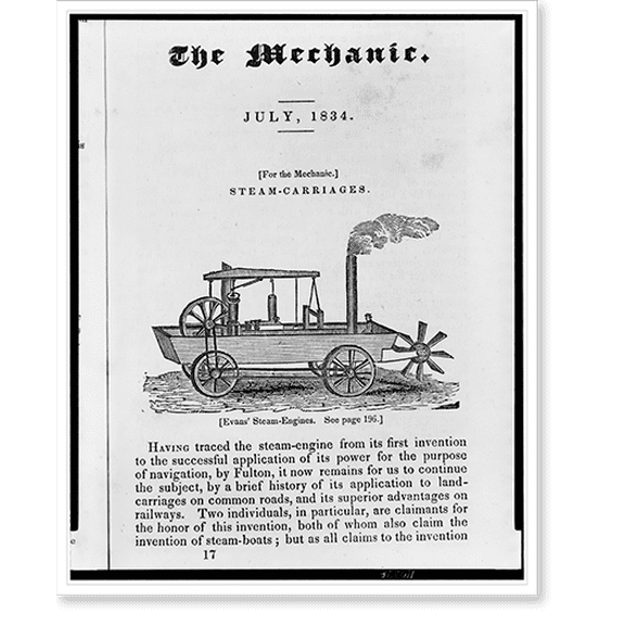 Historic Print, [Amphibious steam powered carriage and paddle boat designed by Oliver Evans], 18" x 24"
