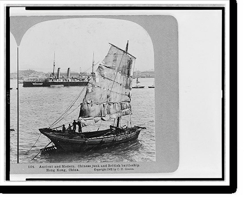 Historic Print, Ancient and modern. Chinese junk and British battleship, Hong Kong, China, 16" x