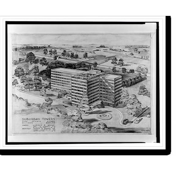 Historic Print, Architectural drawing for an apartment house (Suburban Towers") for Landow & Brandt, Park Heights Avenue, Baltimore, Maryland", 18" x 24"