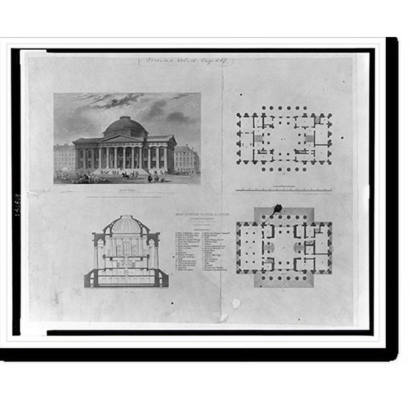 Historic Print, Architectural drawing for a customs house (New Custom House"), Boston, Massachusetts. Perspective, section, and floor plans", 18" x 24"