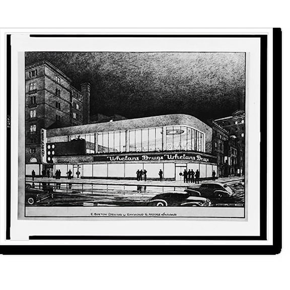 Historic Print, Architectural drawing for a drugstore and restaurant (Whelan's Drugs"), Connecticut Avenue and K Street, N.W., Washington, D.C. Perspective rendering", 18" x 24"