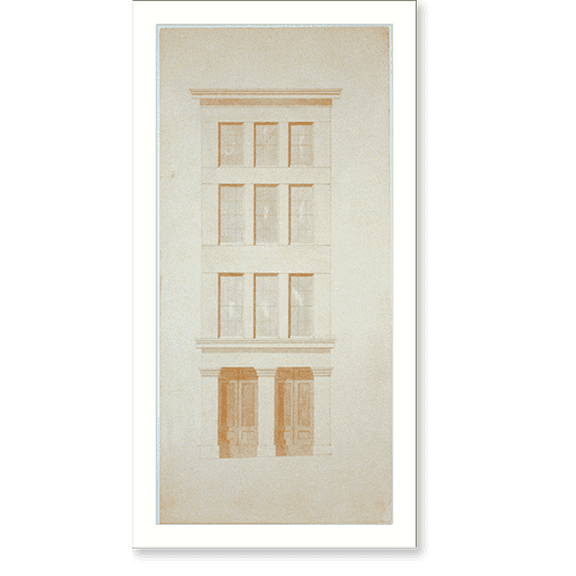 Historic Print, Architectural drawing for a commercial building with ashlar masonry. Front elevation rendering - 2, 18" x 24"