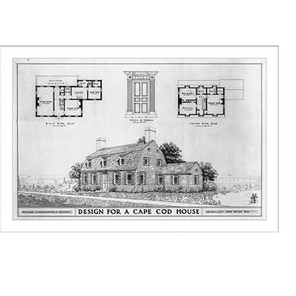 Historic Print, Architectural drawing for a house (Cape Cod House"). Perspective, 1st-2nd fireplace, entrance detail", 16" x 20"