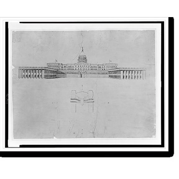 Historic Print, Architectural drawing for alterations to the U.S. Capitol, Washington, D.C. West elevation, 16" x 20"
