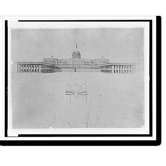 Historic Print, Architectural drawing for alterations to the U.S. Capitol, Washington, D.C. West elevation, 18" x 24"