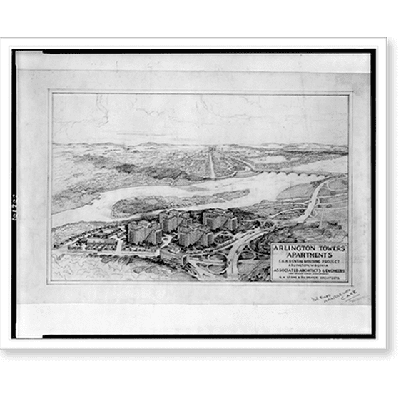 Historic Print, Architectural drawing for an apartment house (Arlington Towers Apartments") for F.H.A., Arlington, Virginia", 16" x 20"