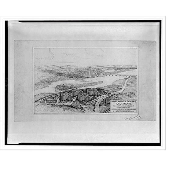 Historic Print, Architectural drawing for an apartment house (Arlington Towers Apartments") for F.H.A., Arlington, Virginia" - 2, 16" x 20"
