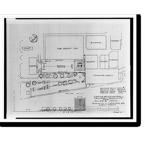Historic Print, Architectural drawing for an office building for Miller & Long, Laurel, Maryland, 16" x 20"