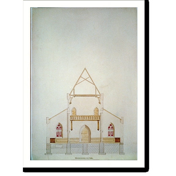 Historic Print, Architectural drawing for gothic-style church. Transverse section - 2, 18" x 24"