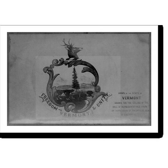 Historic Print, Arms of the State of Vermont, drawn for the ceiling of the Hall of Representatives from an impression of the seal by J.A. Oental, 16" x 20"