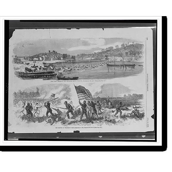 Historic Print, Army beef swimming the Occoquan River, Virginia.sketched by Mr. A.R. Waud. The Battle at Milliken's Bend.sketched by Mr. Theodore R. Davis., 18" x 24"
