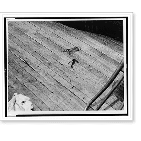 Historic Print, Arrow shows blood stain on stage of Audubon ballroom where Malcolm X was shot.World Telegram & Sun photo by Stanley Wolfson., 16" x 20"