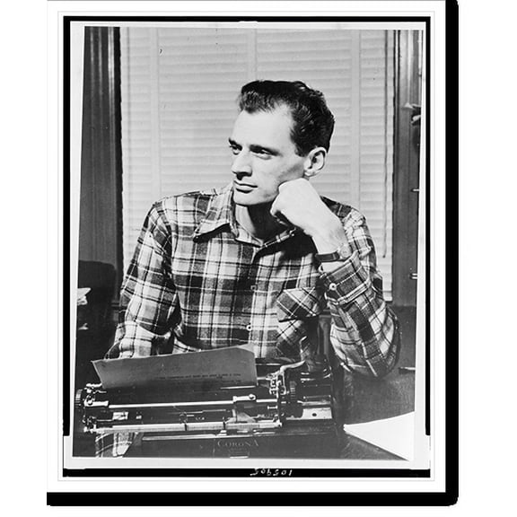 Historic Print, [Arthur Miller, half-length portrait, seated at typewriter, facing left, left hand under chin], 18" x 24"