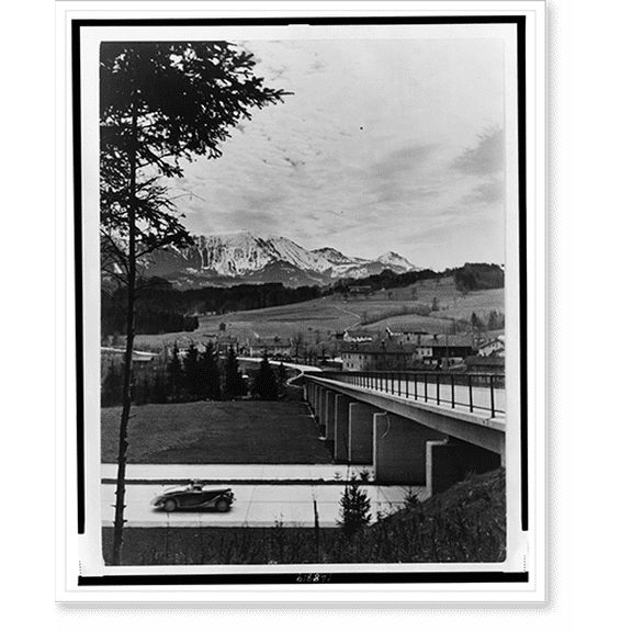Historic Print, [Automobile approaching overpass on the Autobahn with view of countryside and mountains in the background].Dr. Wolf Strache., 18" x 24"