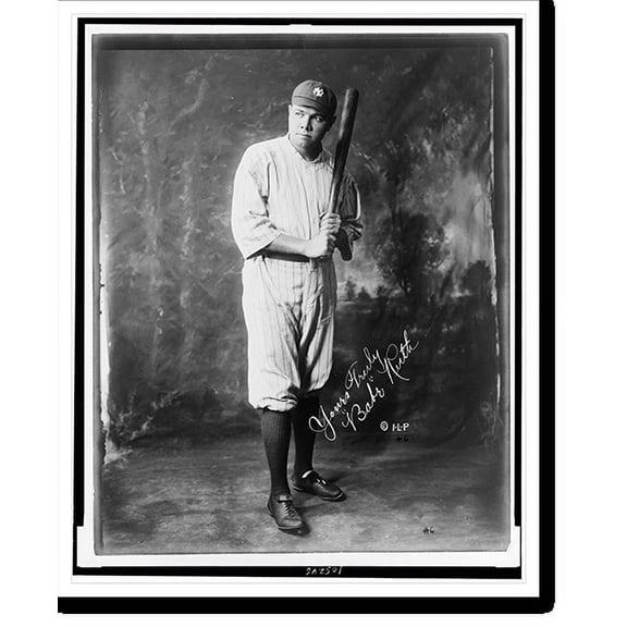 Historic Print, [Babe Ruth, full-length portrait, standing, facing slightly left, in baseball uniform, holding baseball bat].Irwin, La Broad, & Pudlin., 18" x 24"