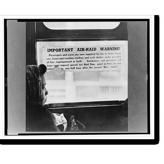 Historic Print, Baltimore, Maryland. Air raid notice on a bus window, 18" x 24"