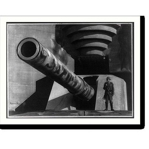 Historic Print, [Barrel of a large gun with German soldier at fortification].Hermann Harz., 16" x 20"
