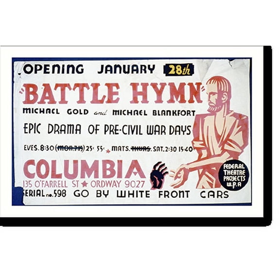Historic Print, Battle hymn" [by] Michael Gold and Michael fort epic drama of pre-civil war days.", 18" x 24"