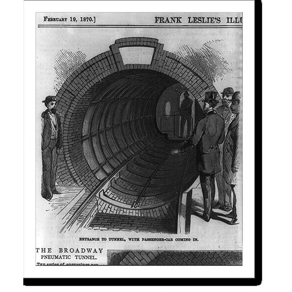 Historic Print, [Beach's pneumatic subway, Broadway, N.Y.C.]: 73659 - Entrance to tunnel, with passenger car coming in; 73660 - Interior of the passenger car; 73661 - Advancing the shie…16" x 20"