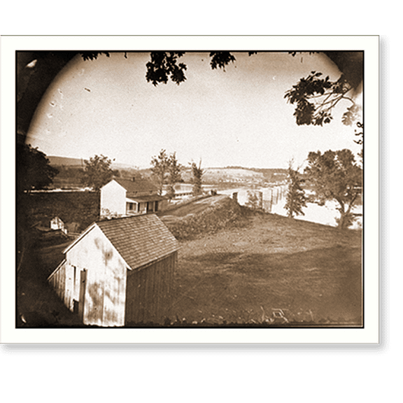 Historic Print, Berlin (now Brunswick) Md. Pontoon bridge and ruins of the stone bridge; another vi, 16" x 20"