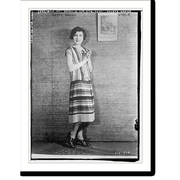 Historic Print, Betty Bronson modeling Roman Stripe . Orange, Green, Red & Copper Knit Pleated Skirt with Brass Buttons, 18" x 24"