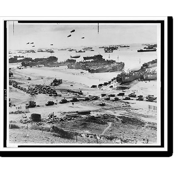 Historic Print, [Bird's-eye view of landing craft, barrage balloons, and allied troops landing in Normandy, France on D-Day].U.S. Maritime Commission photo., 16" x 20"