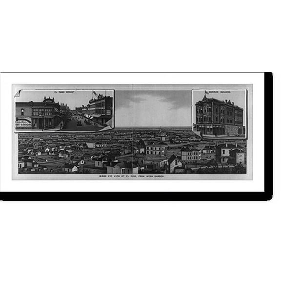 Historic Print, Bird's-eye view of El Paso, from Mesa Garden and inserts of El Paso Street and Merrick Building, 18" x 24"